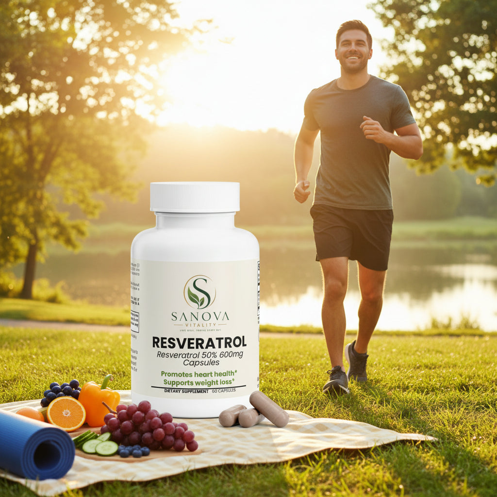 Sanova Vitality Resveratrol supplement bottle alternate view