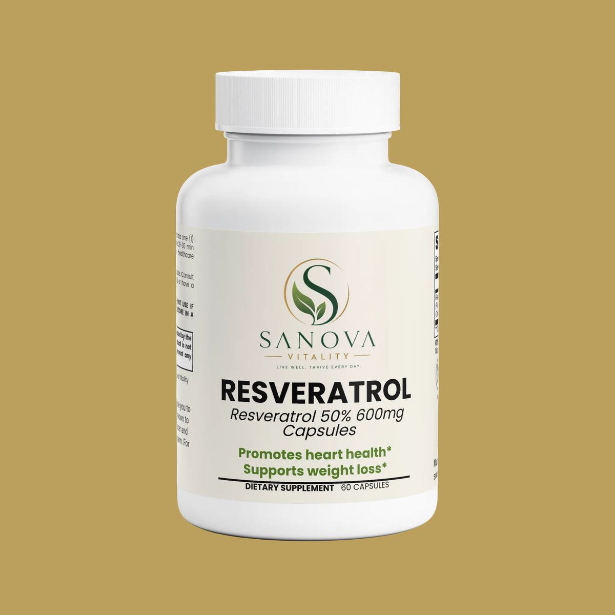 Sanova Vitality Resveratrol supplement bottle side view