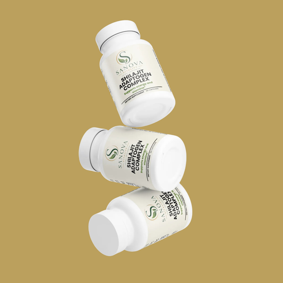 Sanova Vitality Shilajit Ashwagandha Complex supplement bottle, 30 capsules