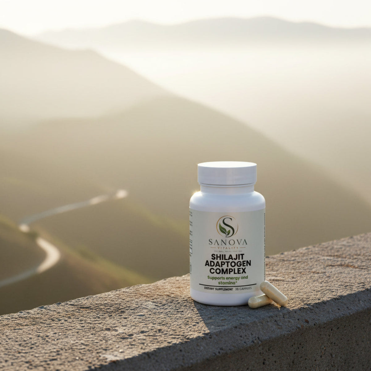 Sanova Vitality Shilajit Ashwagandha Complex bottle label view, 30 capsules
