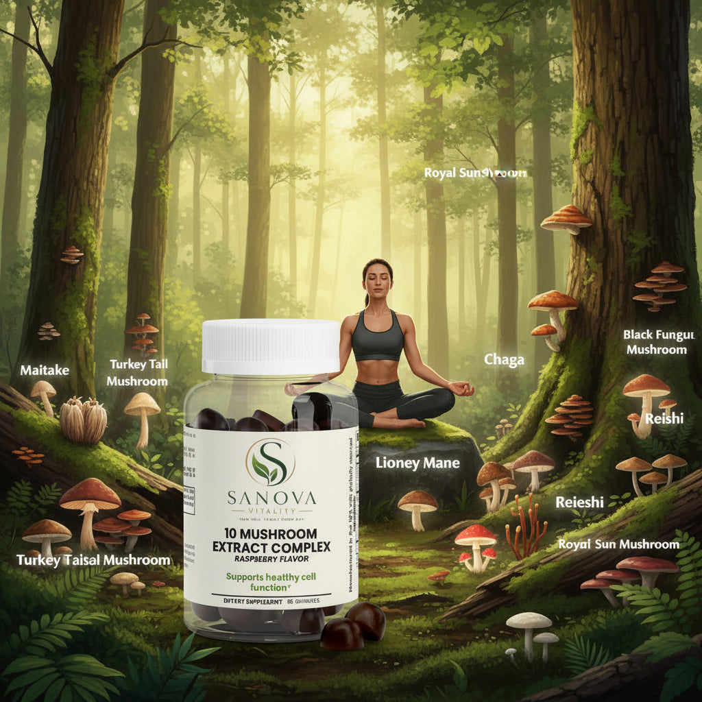 Sanova Vitality Mushroom Extract Complex supplement bottle