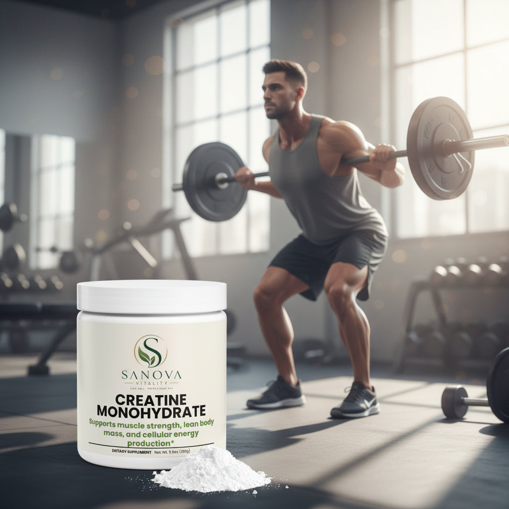 Sanova Vitality Creatine Monohydrate Powder container, front view