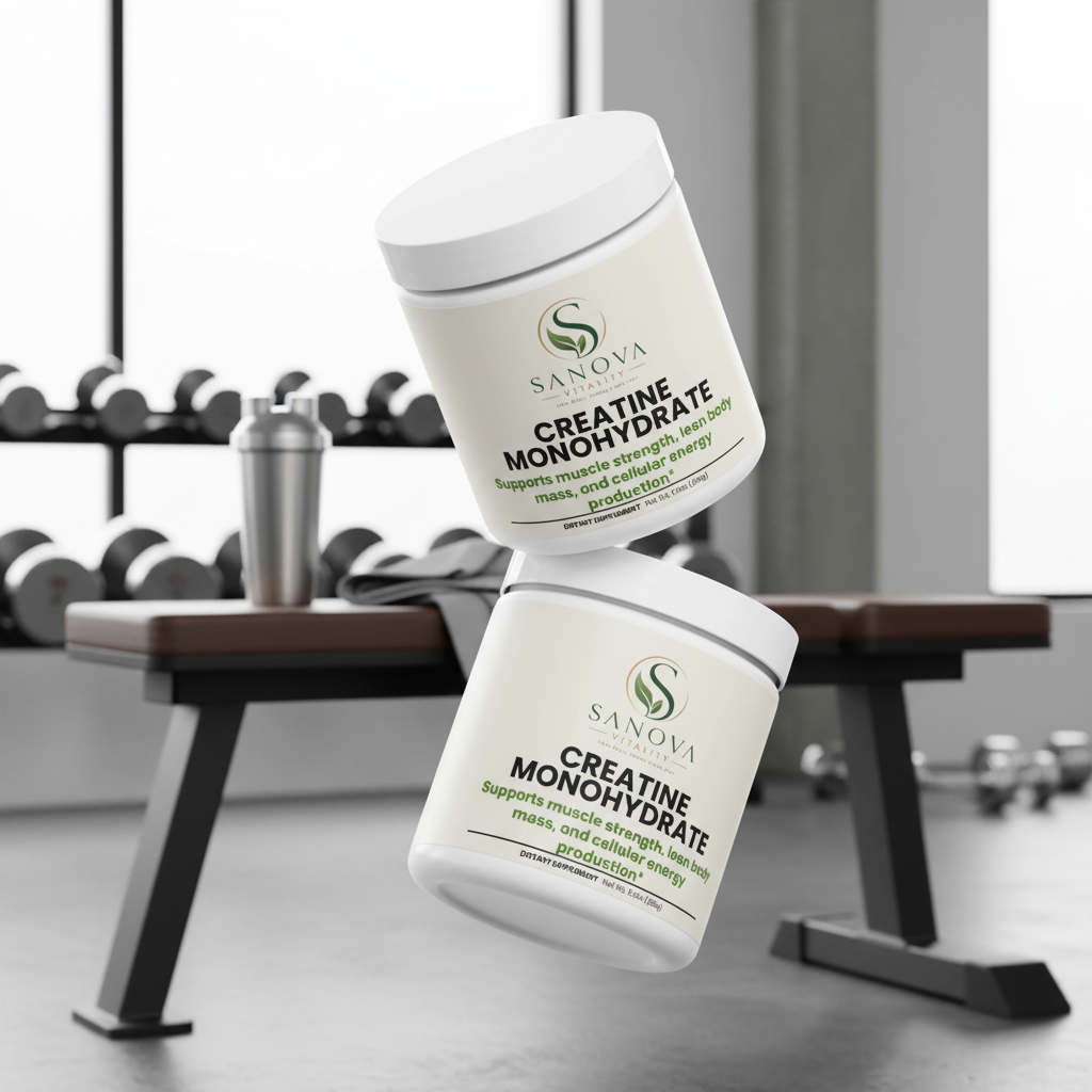 Sanova Vitality Creatine Monohydrate Powder lifestyle product image with product container