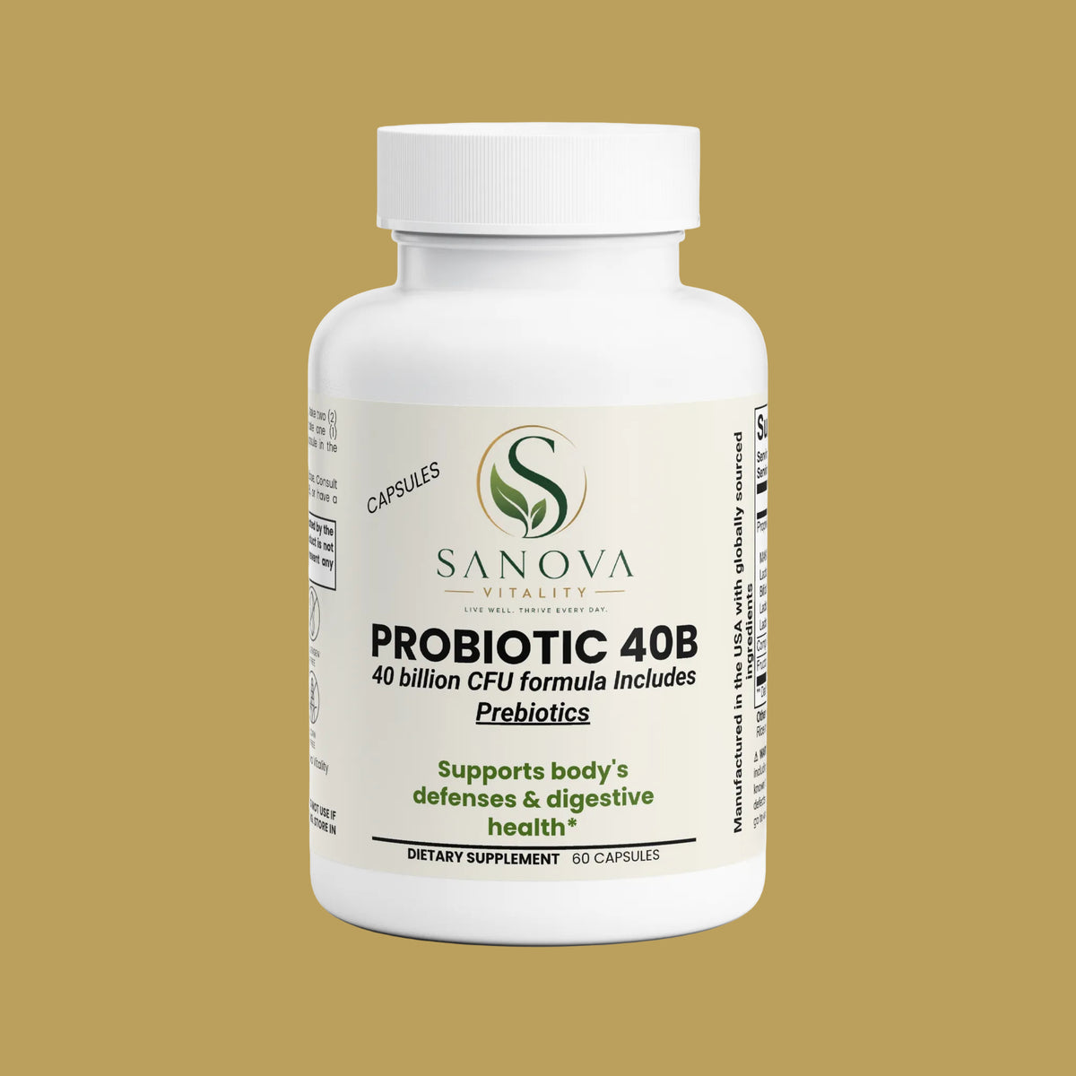 Sanova Vitality Probiotic 40 Billion CFU bottle angled view, 60 capsules