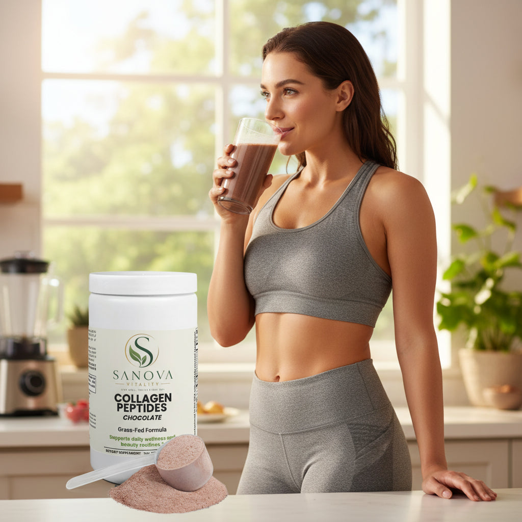Sanova Vitality Chocolate Collagen Peptides supplement container