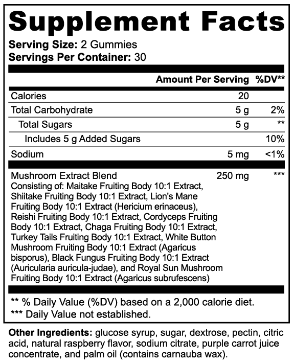 Sanova Vitality Mushroom Extract Complex Supplement Facts label