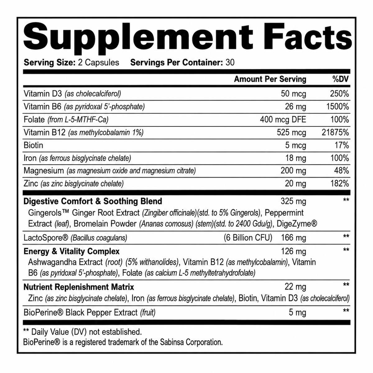 Sanova Vitality Digestive Wellness Complex Supplement Facts label